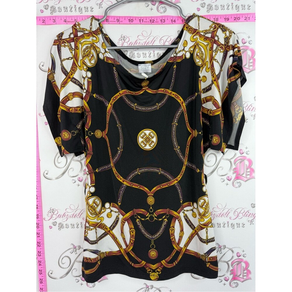 Suzy Shier blouse Black, White & Gold Chain-Print Short Sleeve Top